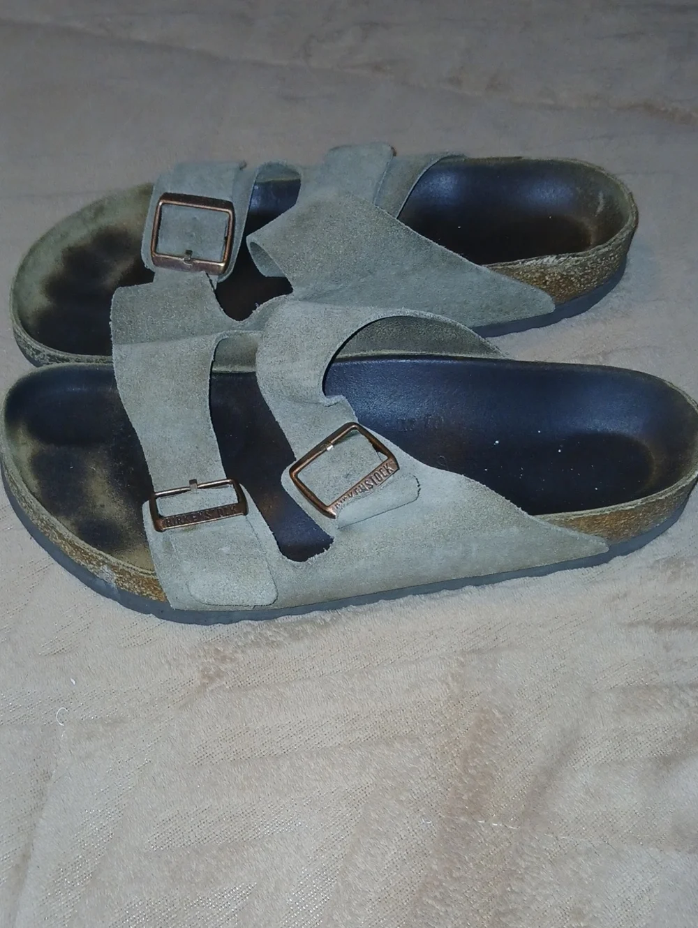 Birkenstock Olive Suede Double-Buckle Sandals with Bronze Buckles Sz: W 10 M 8